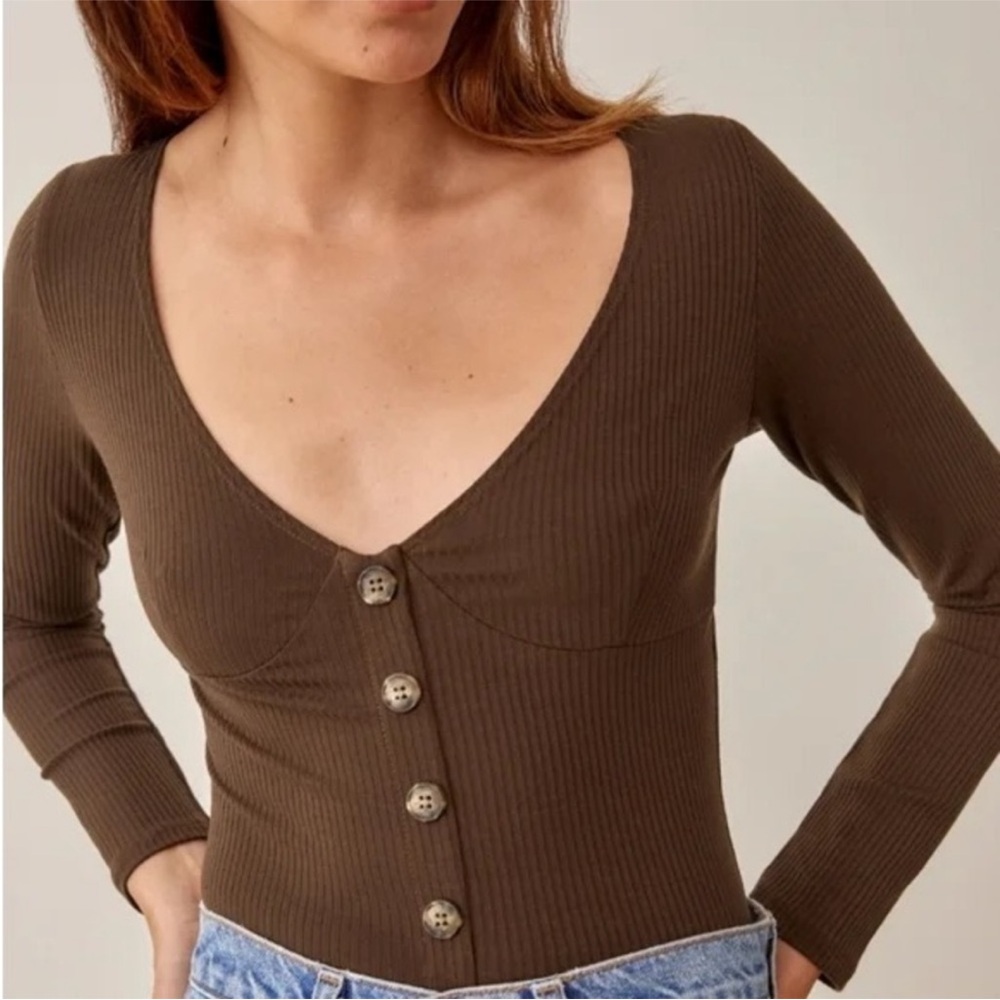 Reformation Brown Ribbed Long Sleeve Button Up Top